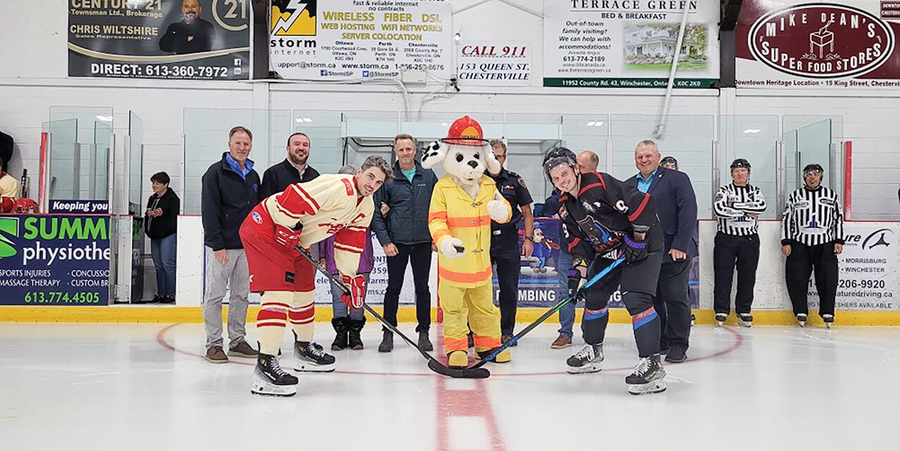 North Dundas Rockets’ cerem­onial puck drop was made by Sparky the fire dog