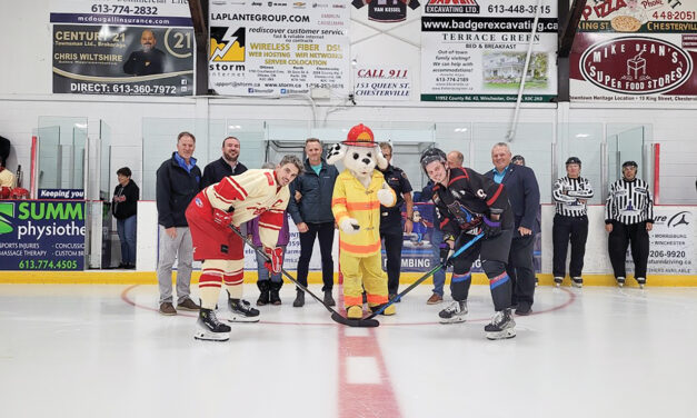 North Dundas Rockets’ cerem­onial puck drop was made by Sparky the fire dog